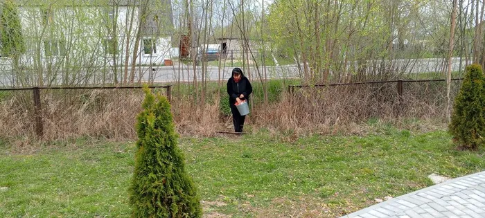 На фото сотрудники Центра Культуры убирают территорию учреждения (2)